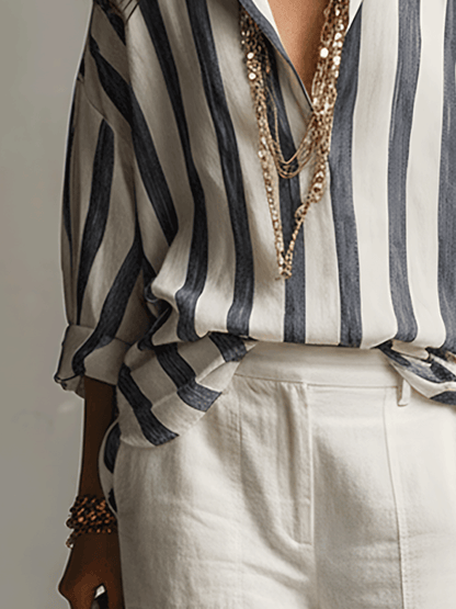 Camisa de Rayas de Algodón y Lino de Manga Larga – Ligera y Versátil
