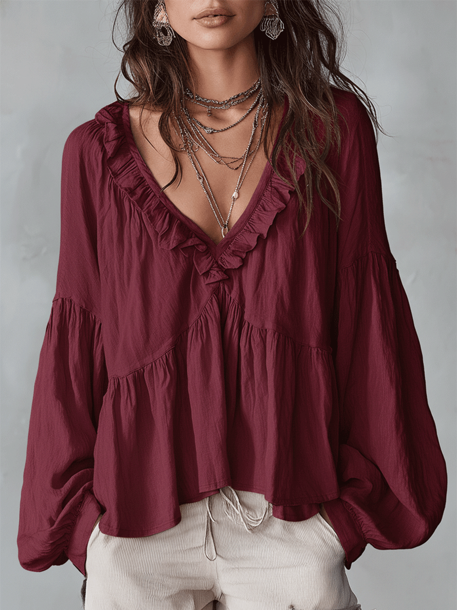 Blusa Boho con Volantes y Escote en V – Ligera, Romántica y Fluida