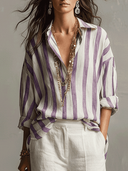Camisa de Rayas de Algodón y Lino de Manga Larga – Ligera y Versátil