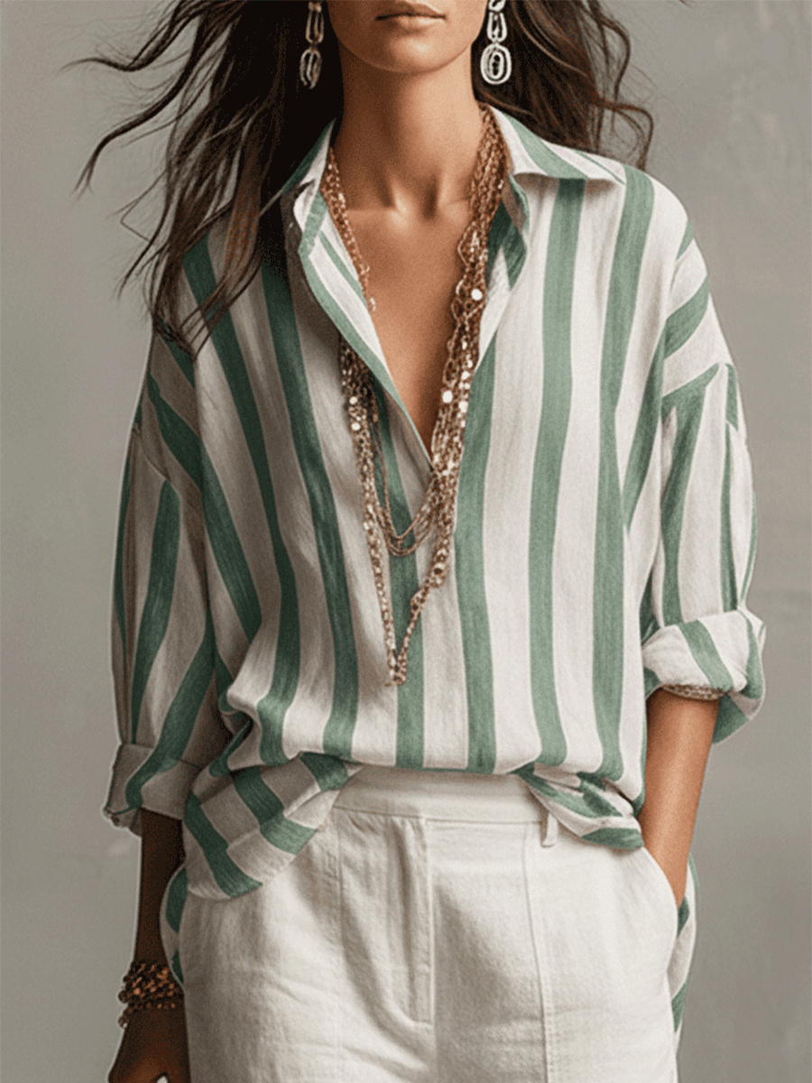 Camisa de Rayas de Algodón y Lino de Manga Larga – Ligera y Versátil
