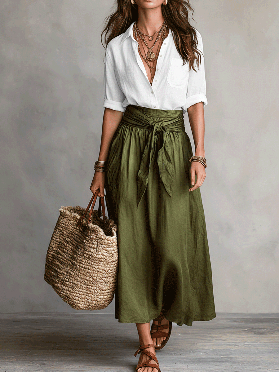 Conjunto Boho Blusa Negra Fluida + Falda Midi Satinada Verde Oliva – Elegante y Versátil