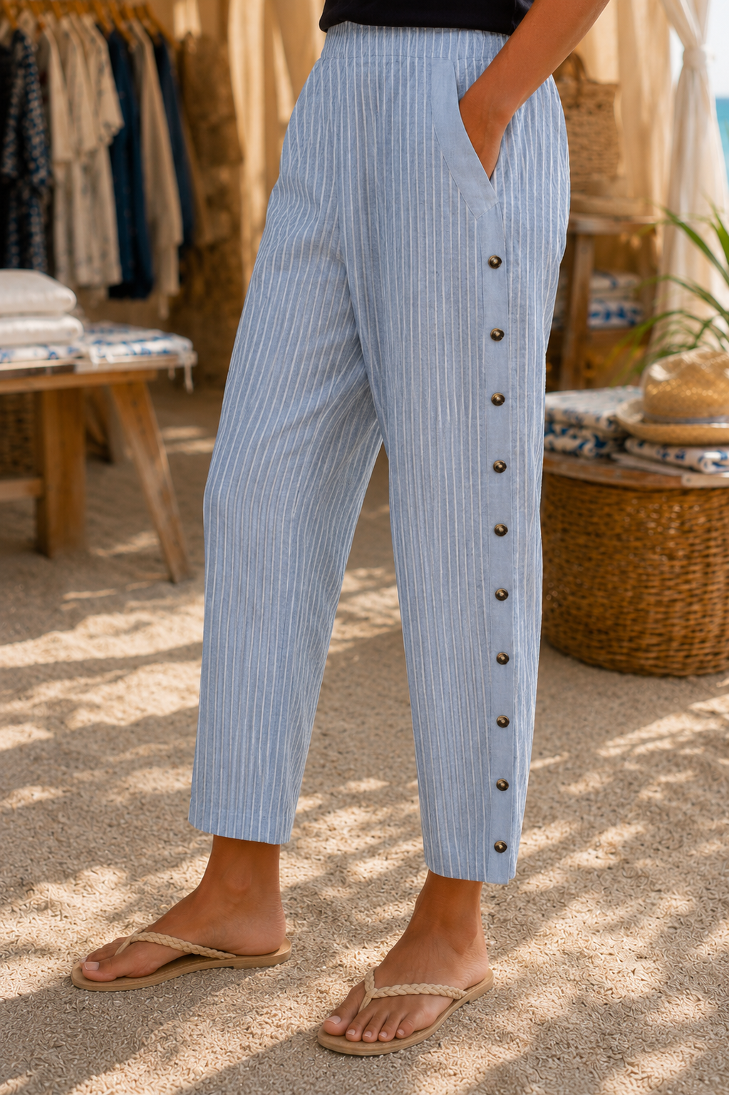 RAQUEL | Pantalón de Rayas con Botones Laterales