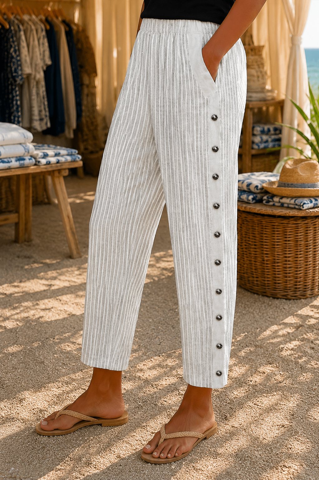 RAQUEL | Pantalón de Rayas con Botones Laterales