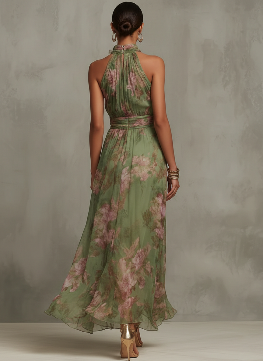 Vestido Largo Floral Verde con Cuello Halter