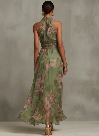 Vestido Largo Floral Verde con Cuello Halter