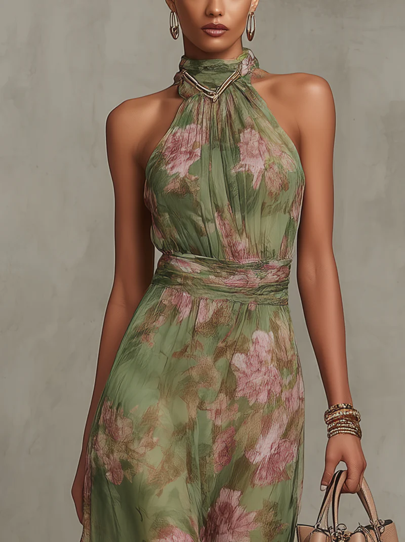 Vestido Largo Floral Verde con Cuello Halter