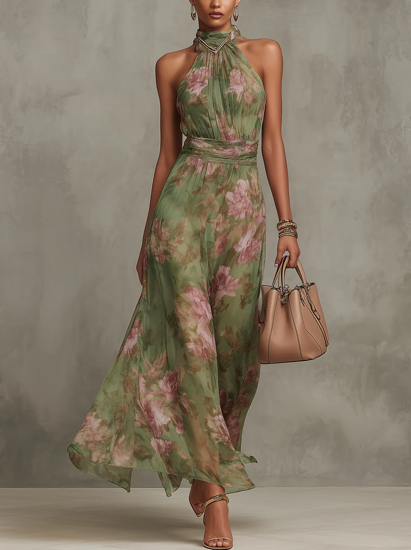 Vestido Largo Floral Verde con Cuello Halter