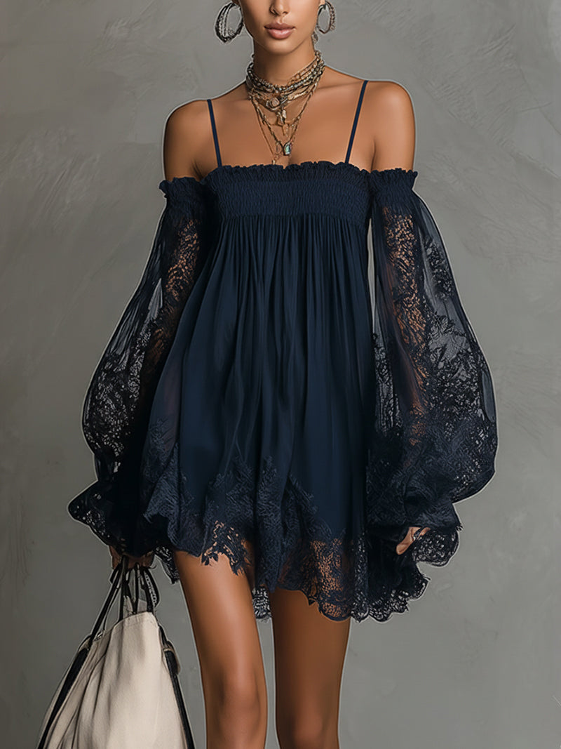 Vestido Mini Azul Marino Off Shoulder de Gasa con Encaje