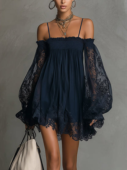 Vestido Mini Azul Marino Off Shoulder de Gasa con Encaje