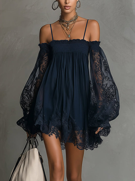 Vestido Mini Azul Marino Off Shoulder de Gasa con Encaje