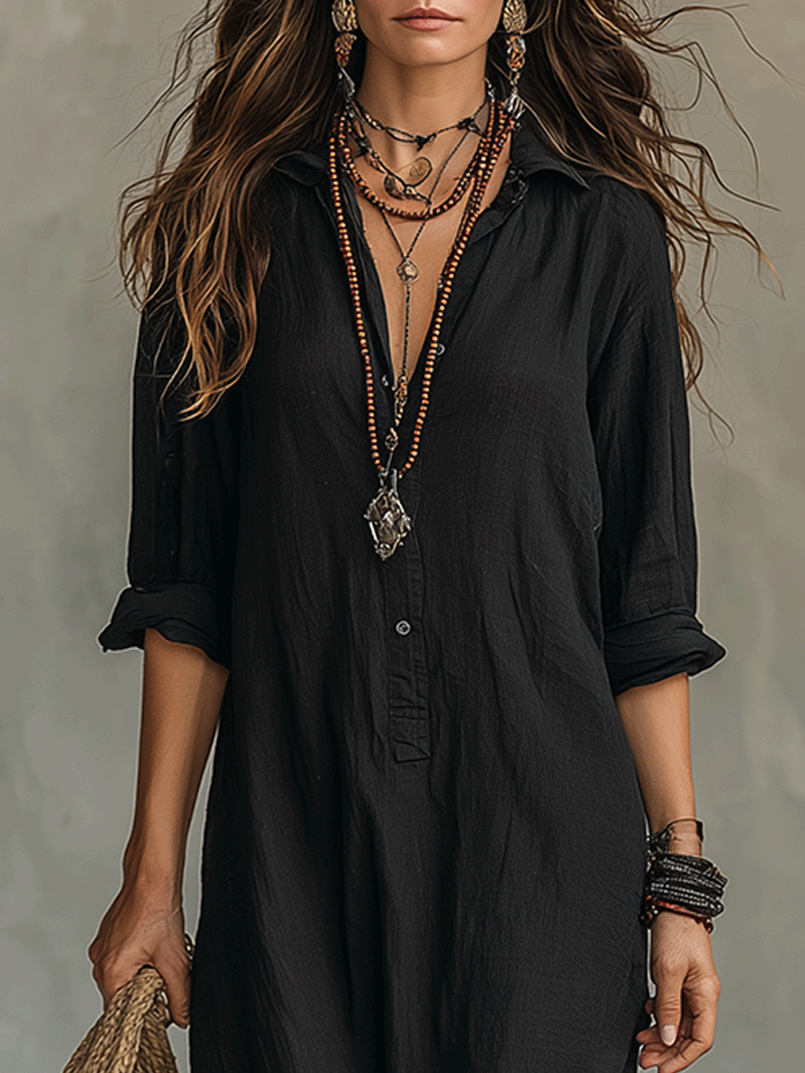 Vestido Negro | Estilo Bohemio con Botones
