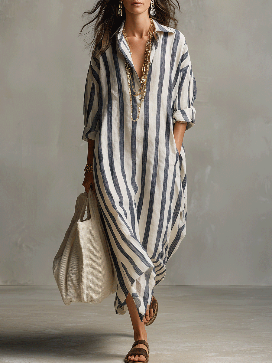 Vestido Largo Camisero Boho a Rayas – Fluido y Estilizador