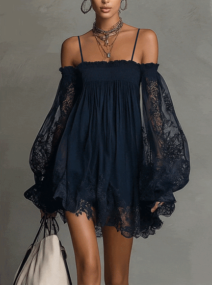Vestido Mini Azul Marino Off Shoulder de Gasa con Encaje